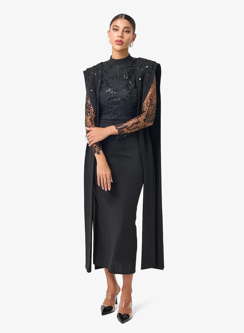 Threadz by Ajooni Embellished Long Sleeve Lace Detail Midi Dress