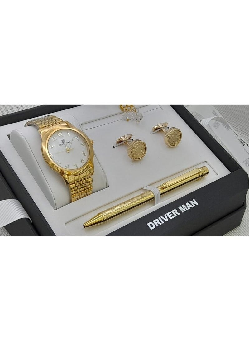 Men's set, delicate design, with Arabic numerals. The set consists of 6 pieces: a watch, a cufflink, a pen, a prayer bead, a luxurious box, and a bag.