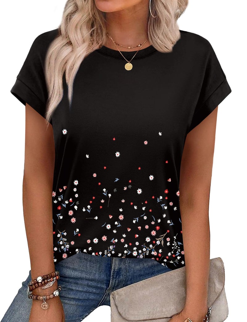 Alaroo Womens Summer Tops Spring 2026 Black Floral Shirt Casual Summer Tshirts Trendy Print 14 XL - Image 1
