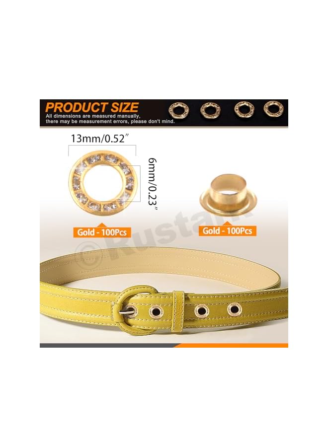 promass 100Pcs Gold 1/4 inch Rhinestone Eyelet Grommet Eyelets and Grommets with Sparkling Design Metal Eyelet with Washer Hole Punch Shiny Rhinestone Boot Eyelet for Clothing Crafts DIY Projects - Image 2