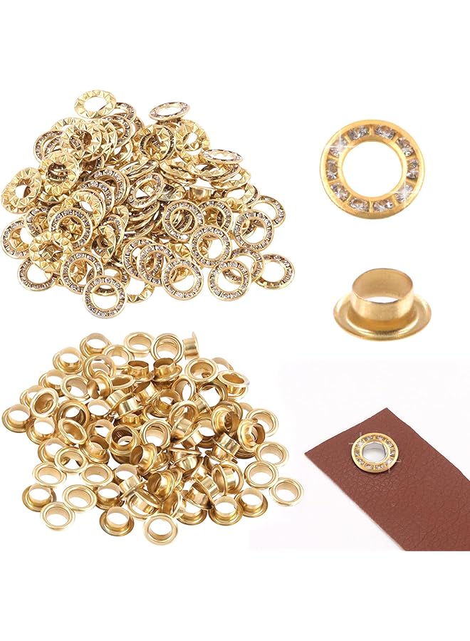 promass 100Pcs Gold 1/4 inch Rhinestone Eyelet Grommet Eyelets and Grommets with Sparkling Design Metal Eyelet with Washer Hole Punch Shiny Rhinestone Boot Eyelet for Clothing Crafts DIY Projects - Image 1