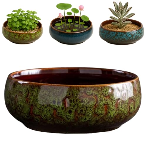 Oncpcare Lotus Bowl Planter – Glazed Ceramic Indoor Plant Bowl Lotus Pot for Lotus Seeds, Bonsai, Succulents | Shallow Hydroponic Decorative Oriental Flower Bowl (Green) - Image 1