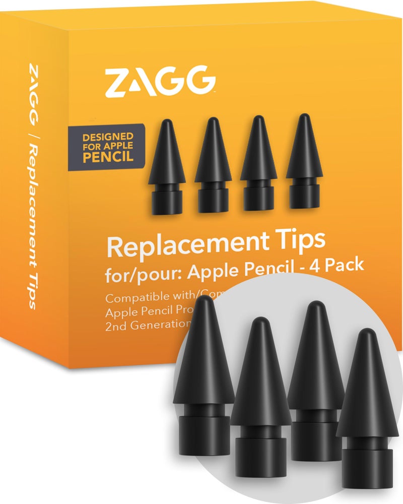 ZAGG رؤوس بديلة من زاج لابل بنسل الجيل الأول، الجيل الثاني، وUSB-C - عبوة من 4، كتابة سلسة، احتكاك مثالي، أسود - Image 1