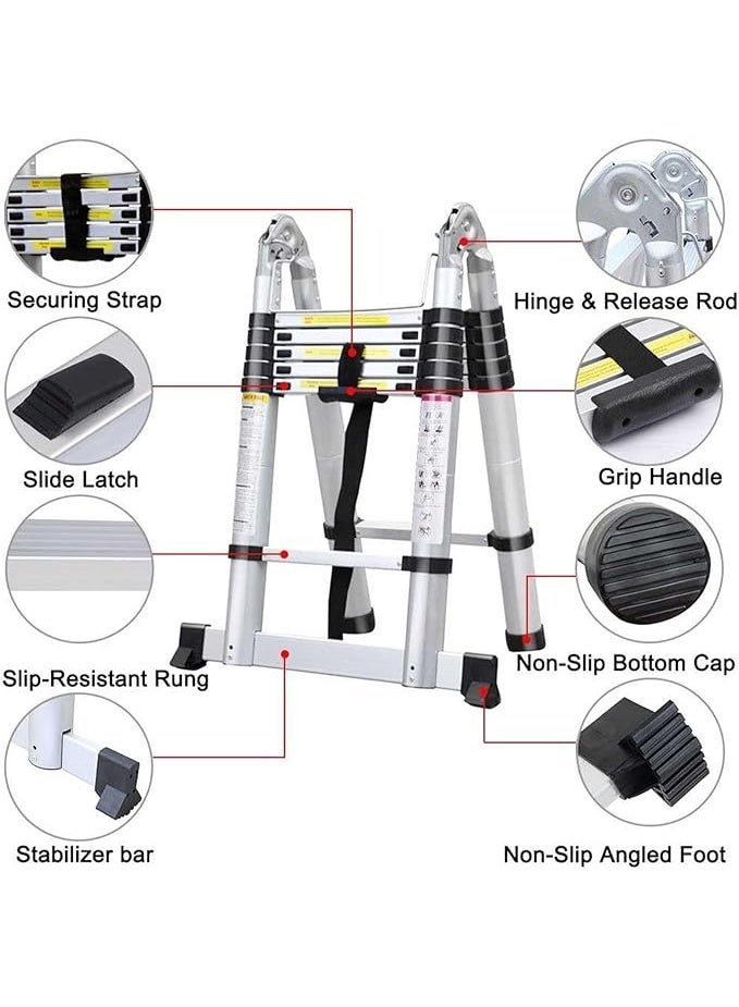 A-Frame Telescopic Ladder 5M – Extendable Folding Aluminum Loft Ladder – Portable Multi-Purpose Ladder with Stabilizer & 2x8 Steps – Max Load 330lbs - Image 5