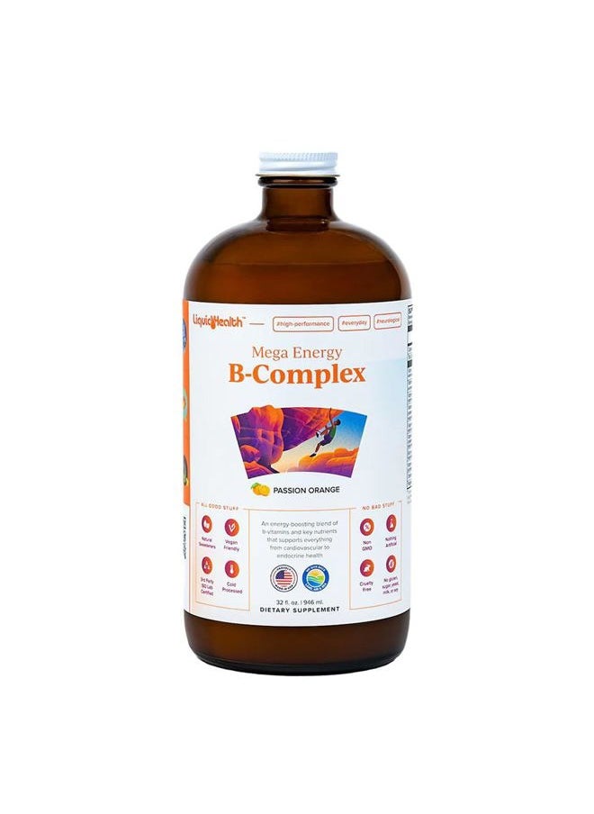 LIQUIDHEALTH Mega Energy Methylated B-Complex, Adult Liquid Vitamin Supplement - Increase Energy, Relieve Stress & Fatigue, Immune System Support, Heart & Gut Health - Vegan, Sugar-Free (32 oz)  - Image 1