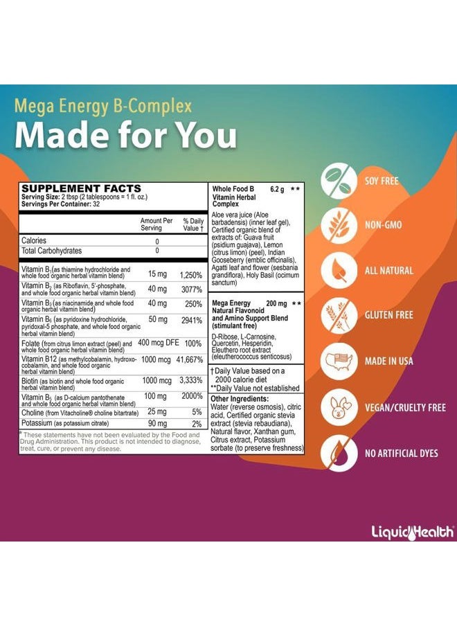 LIQUIDHEALTH Mega Energy Methylated B-Complex, Adult Liquid Vitamin Supplement - Increase Energy, Relieve Stress & Fatigue, Immune System Support, Heart & Gut Health - Vegan, Sugar-Free (32 oz)  - Image 5