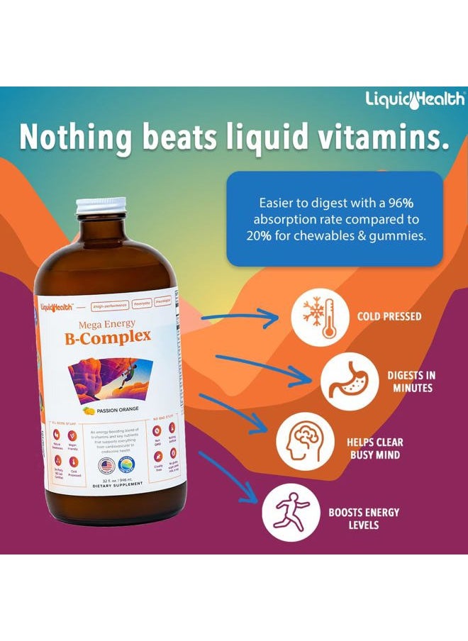 LIQUIDHEALTH Mega Energy Methylated B-Complex, Adult Liquid Vitamin Supplement - Increase Energy, Relieve Stress & Fatigue, Immune System Support, Heart & Gut Health - Vegan, Sugar-Free (32 oz)  - Image 2