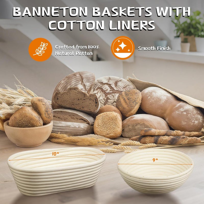 Dimpola Banneton Bread Proofing Basket Banneton Basket Set Sourdough Proofing Basket Round Proofing Bowls Handmade Rattan Baskets and Liners (Oval of 2 Gift Set) - Image 5
