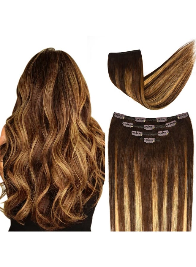 Winsky 12 Hair Extensions Balayage Clip in Human Hair for Women Silky Straight Chocolate Brown to Honey Blonde Highlight Brown Ombre Hair 50grams 4pieces 4T27 P4 Color - Image 3