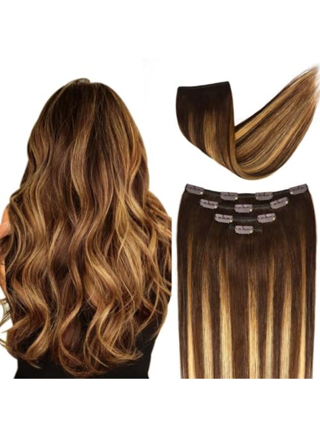 Winsky 12 Hair Extensions Balayage Clip in Human Hair for Women Silky Straight Chocolate Brown to Honey Blonde Highlight Brown Ombre Hair 50grams 4pieces 4T27 P4 Color - Image 1