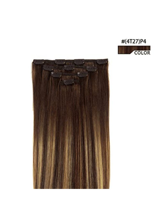 Winsky 12 Hair Extensions Balayage Clip in Human Hair for Women Silky Straight Chocolate Brown to Honey Blonde Highlight Brown Ombre Hair 50grams 4pieces 4T27 P4 Color - Image 4