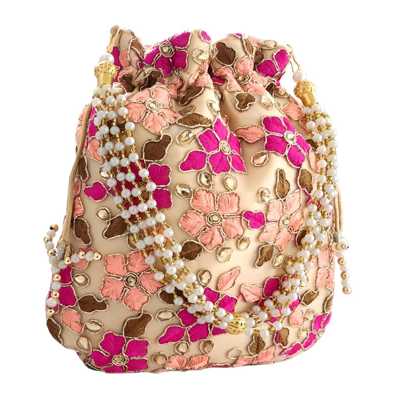 DUCHESS Designer Pink-Golden Polti Bag Pearl Handle and Tassel Ethnic Purse Women’s/Girls's Handbag for Party, Casual, Bridal (Pink-Gold) - Image 2