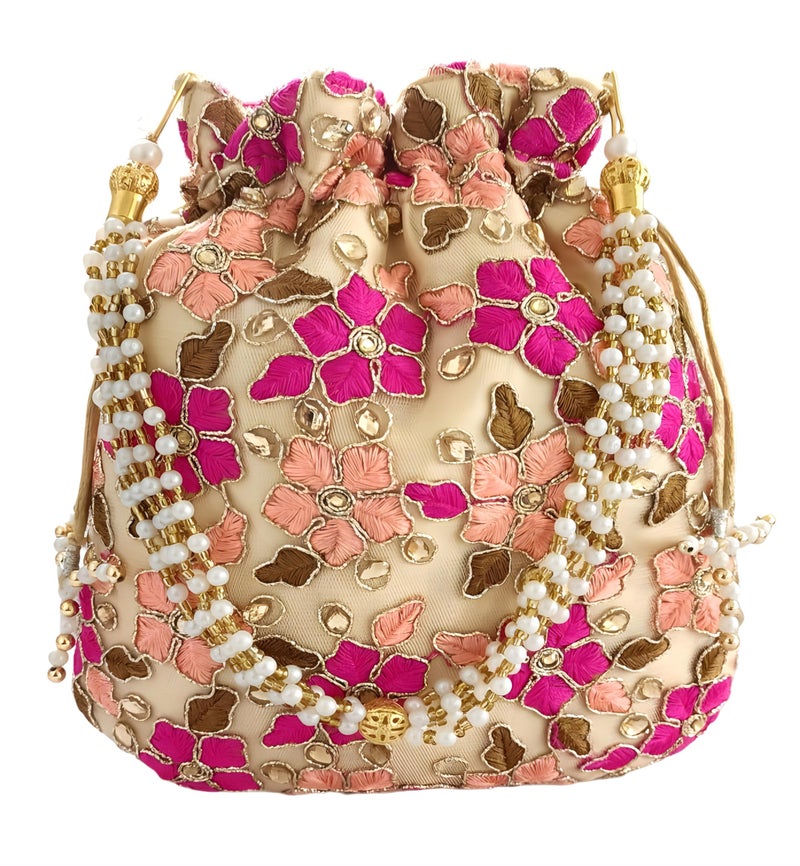 DUCHESS Designer Pink-Golden Polti Bag Pearl Handle and Tassel Ethnic Purse Women’s/Girls's Handbag for Party, Casual, Bridal (Pink-Gold) - Image 5
