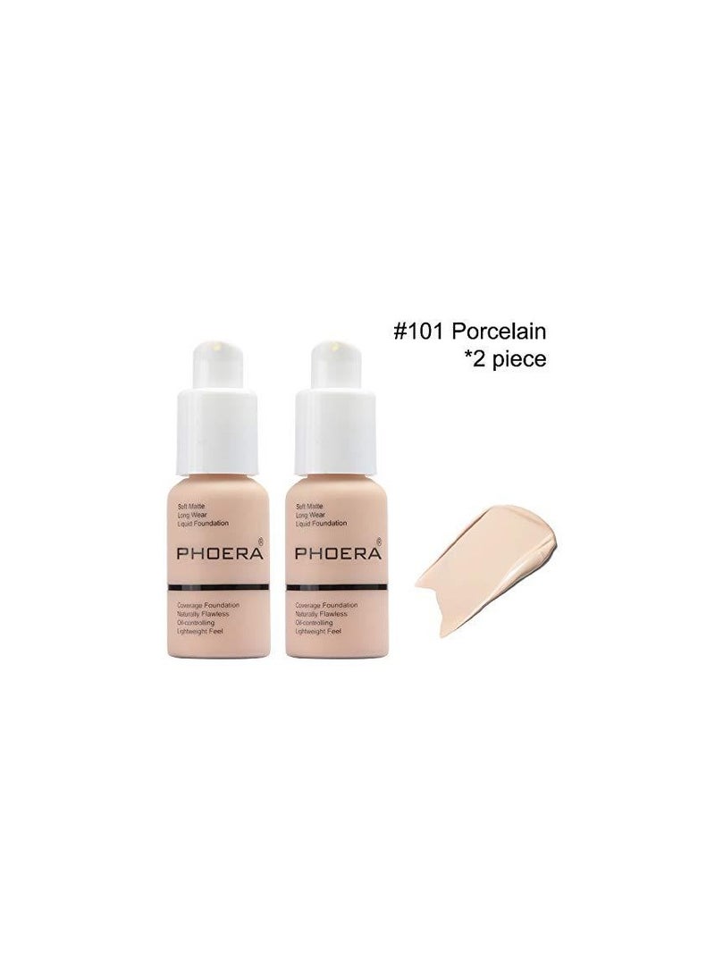 Phoera 2 Pack Flawless Soft Liquid Matte Foundation Durable Waterproof Oil Control Concealer 101 Porcelain - Image 1