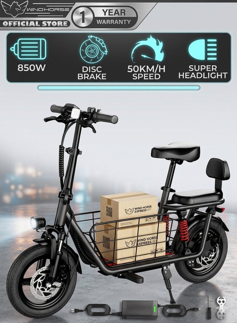 Wind Horse Electric Bike 500W Motor (Peak Power 850W) with Dual Seat, 48V10Ah Battery, 50KM/H Speed, 40KM Range, Dual Suspension and Storage Basket, E-Bike - Image 1