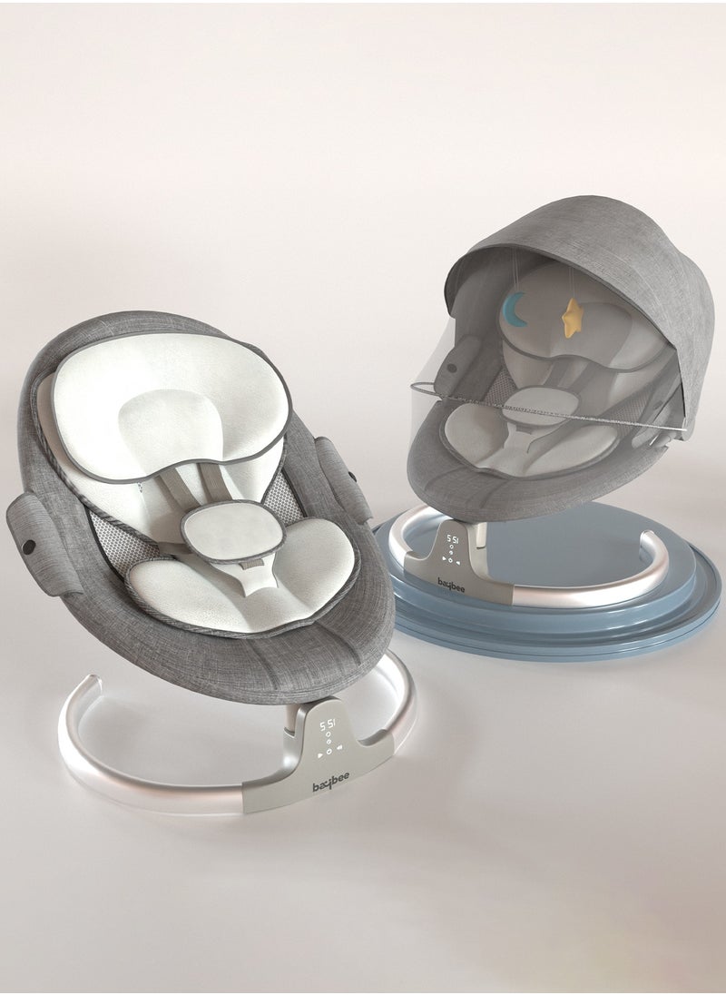 بيبي مهد أطفال كهربائي أوتوماتيكي من Lullabies مع سرعة تأرجح قابلة للتعديل، استلقاء، بلوتوث وموسيقى، كرسي هزاز للأطفال مع شبكة ناموسية، حزام أمان وألعاب أرجوحة هزازة للأطفال الصغار باللون الرمادي  - Image 1