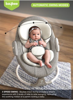بيبي مهد أطفال كهربائي أوتوماتيكي من Lullabies مع سرعة تأرجح قابلة للتعديل، استلقاء، بلوتوث وموسيقى، كرسي هزاز للأطفال مع شبكة ناموسية، حزام أمان وألعاب أرجوحة هزازة للأطفال الصغار باللون الرمادي  - Image 4