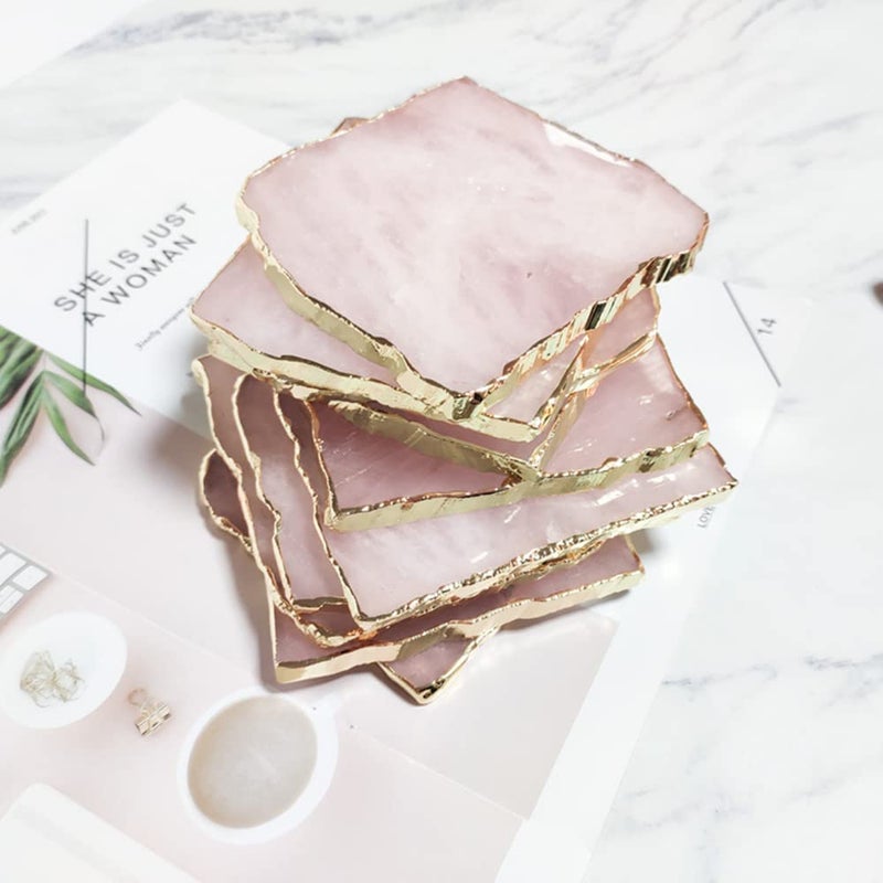 L-stone Rose Quartz Decor Coaster Natural Pink Crystal Coasters Gold Edge Set of 4 Square 354 