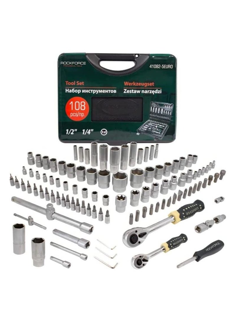 ROCKFORCE Socket set 108 pcs in a plastic case with metal clasps 1/2'', 1/4'' (4-32mm) Drive 6-Point Socket - Image 1