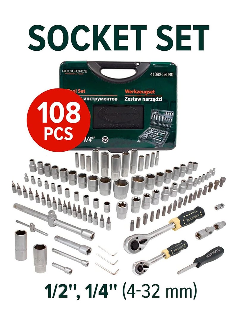 ROCKFORCE Socket set 108 pcs in a plastic case with metal clasps 1/2'', 1/4'' (4-32mm) Drive 6-Point Socket - Image 2