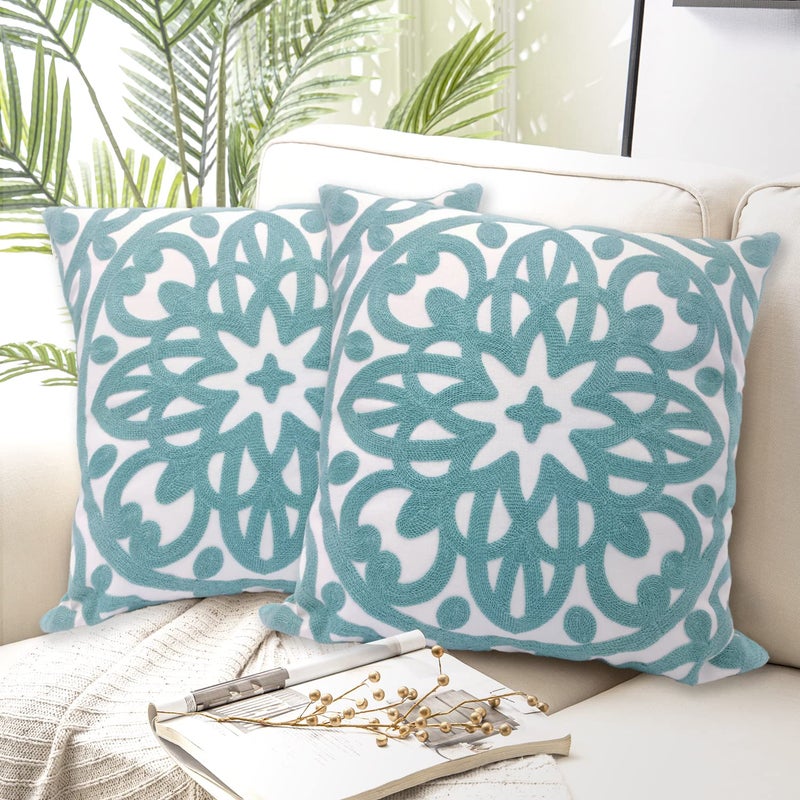 Alysheer Embroidered Decorative Throw Pillow Covers 18"x18" Set of 2 Pieces, Boho Mandala Classic Chic Pattern, Durable 100% Cotton Canvas Cushion Cases for Sofa Couch Living Room(Dusty Aqua Blue) - Image 4