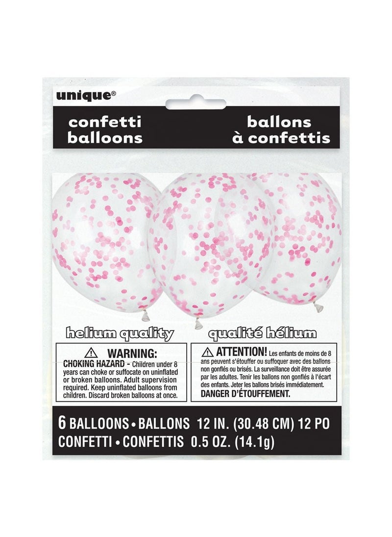 Unique Confetti Balloons Pink Transparent Latex 30 cm 6-Pack - Image 2
