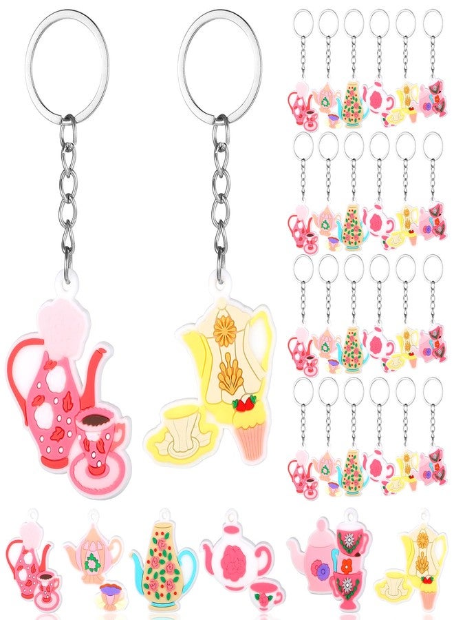 Quelay 24Pcs Tea Party Keychains Floral Tea Time Party Gifts Vintage Teapot Favor Set Key Ring for Birthday - Image 1