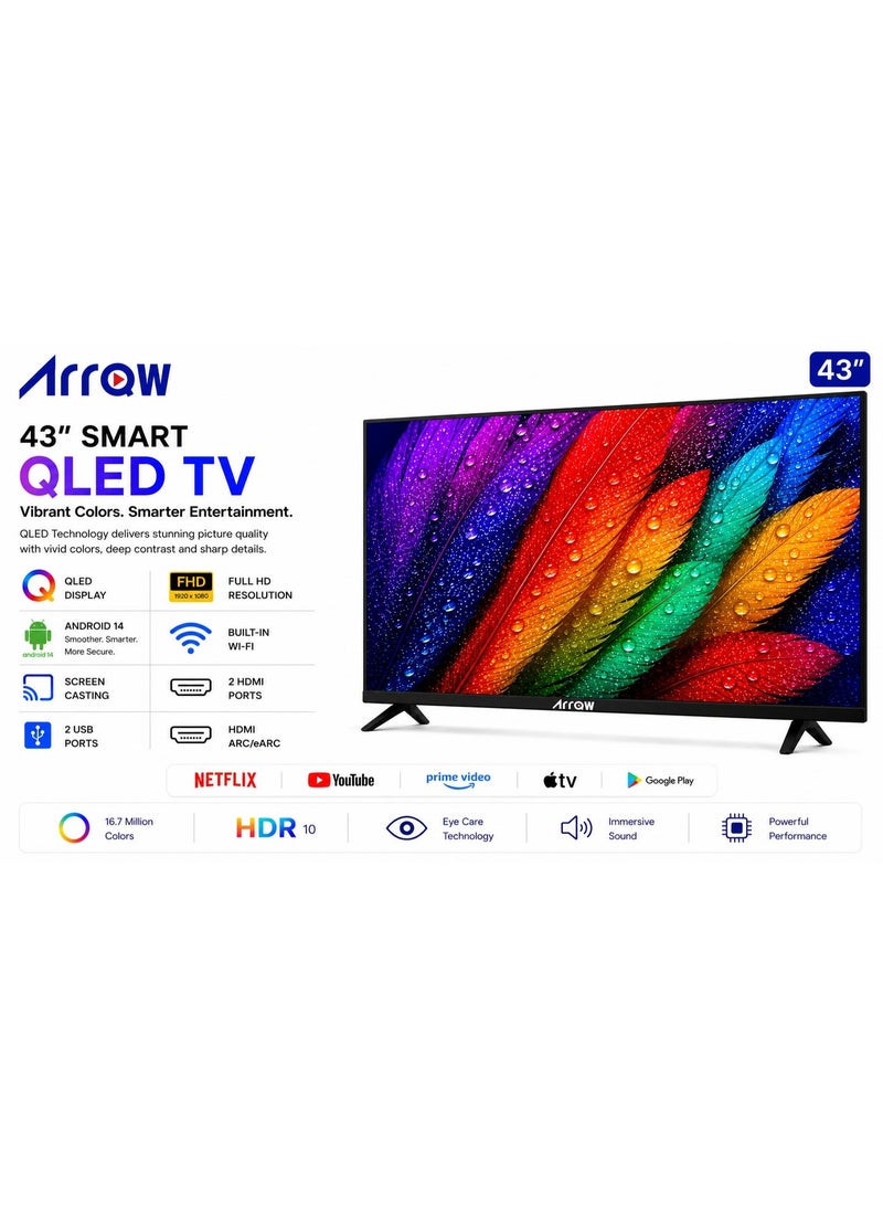 ARRQW 43 Inch Smart QLED TV Full HD Android 14 | 1920×1080 Resolution | Built-in Wi-Fi | Screen Casting | 2 HDMI | 2 USB | HDMI ARC/eARC | Netflix| Youtube| Prime Video | Black | Model RO-43LPSQ - Image 1