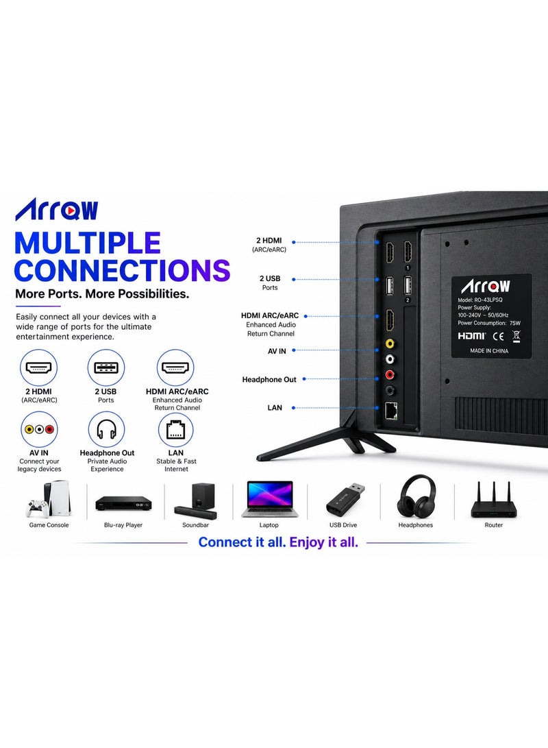 ARRQW 43 Inch Smart QLED TV Full HD Android 14 | 1920×1080 Resolution | Built-in Wi-Fi | Screen Casting | 2 HDMI | 2 USB | HDMI ARC/eARC | Netflix| Youtube| Prime Video | Black | Model RO-43LPSQ - Image 2