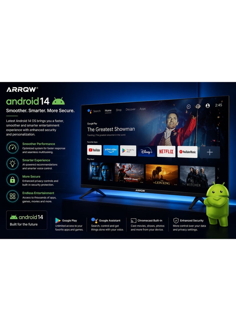ARRQW 43 Inch Smart QLED TV Full HD Android 14 | 1920×1080 Resolution | Built-in Wi-Fi | Screen Casting | 2 HDMI | 2 USB | HDMI ARC/eARC | Netflix| Youtube| Prime Video | Black | Model RO-43LPSQ - Image 4