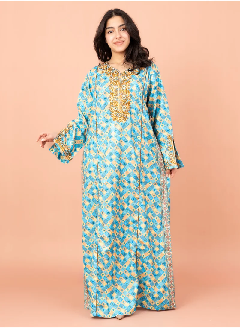 IKKXA Modern Embroidery Jalabiya IN041 Blue