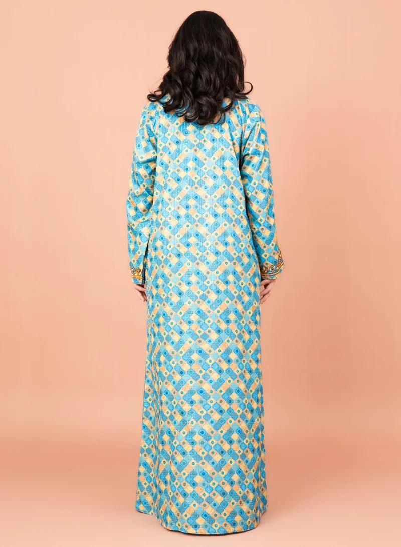 IKKXA Modern Embroidery Jalabiya IN041 Blue