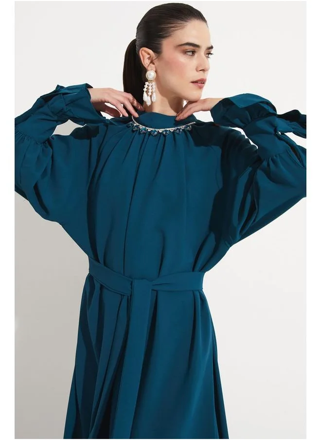 JUNE June Bell Sleeve Stone Detailed Dress Teal