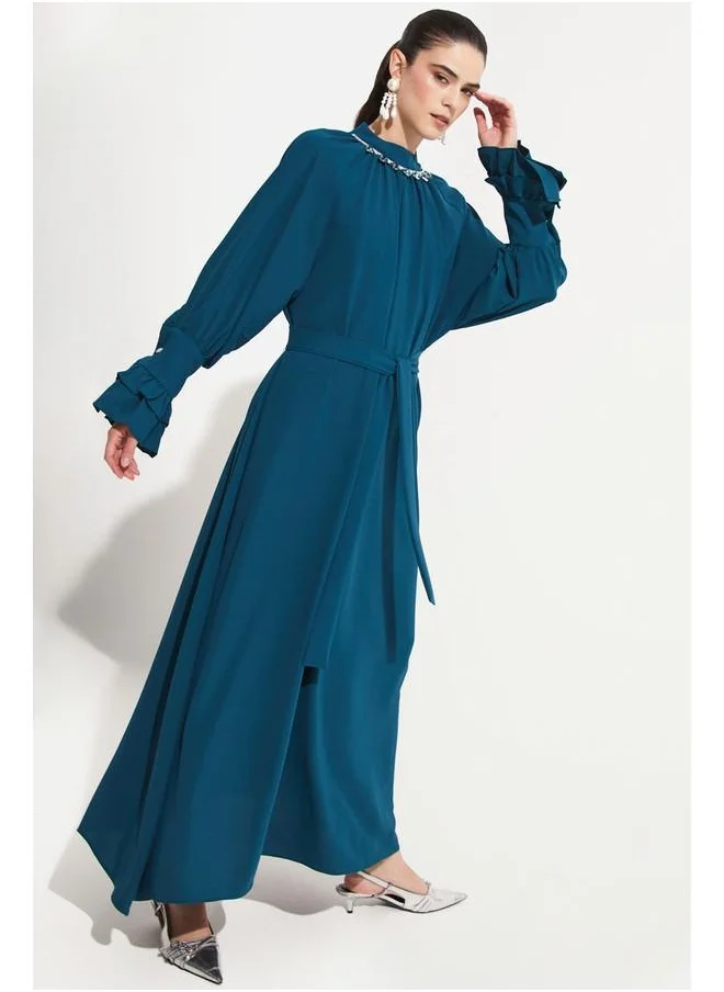 جون June Bell Sleeve Stone Detailed Dress Teal