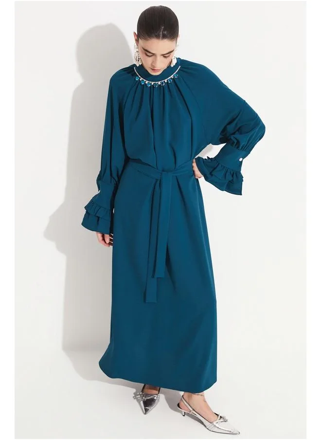 JUNE June Bell Sleeve Stone Detailed Dress Teal