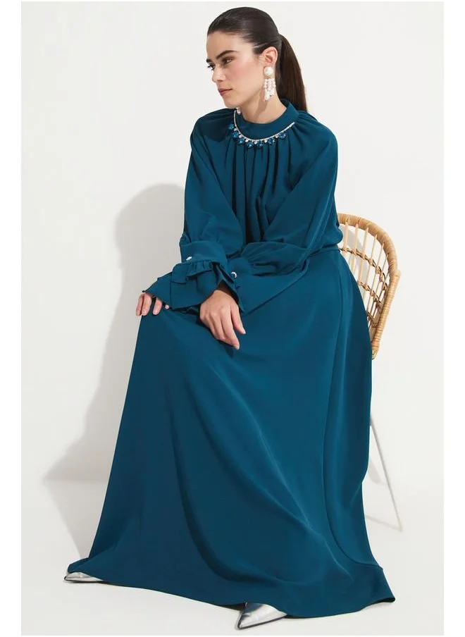 JUNE June Bell Sleeve Stone Detailed Dress Teal