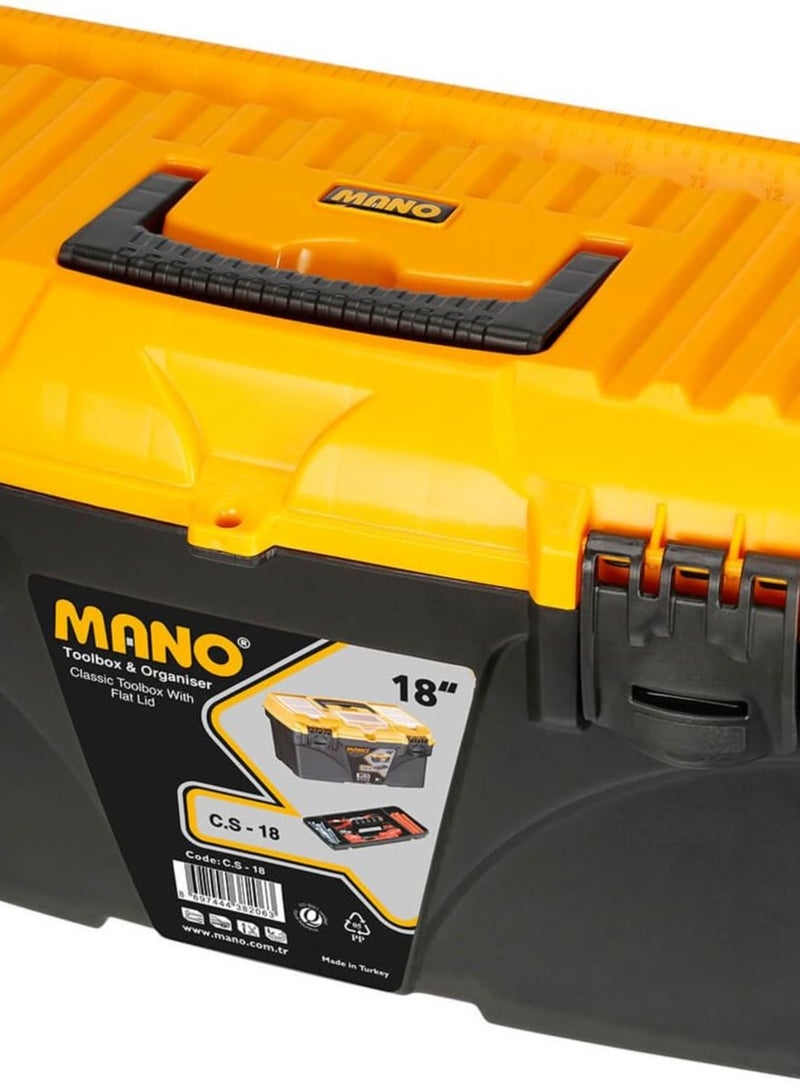 مانو صناديق أدوات كلاسيكية بغطاء مسطح 18 بوصة - 25 × 43.2 × 23.8 سم، بولي بروبيلين، أسود/برتقالي - Image 1