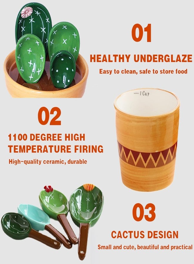 BLUESTEER Cactus Measuring Spoons Set in Pot, Cute Ceramic Measuring Spoons and Cups, Kitchen Cacti Spoon with Holder, Baking Measuring Cups Ornaments Gift - Image 3