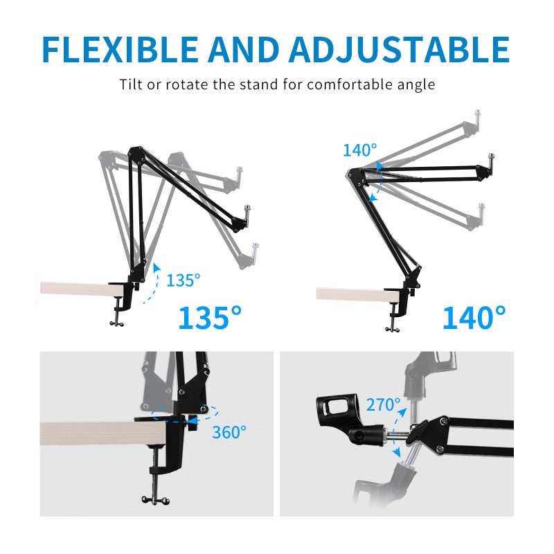 FEELWORLD AMS1 Microphone Boom Arm, Adjustable Mic Arm Stand with 3/8â€ to 5/8â€ Screw, Compatible with PM1 and other Mics for Podcast Straming Gaming Studio - Image 2