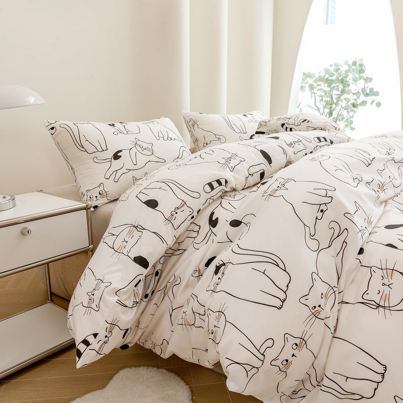 ECOCOTT ECOCOTT Duvet Cover Queen Size  3 Pcs Cartoon Cats Animal Print Pattern Duvet Cover Set  Super Soft Comforter Quilt Cover with Zipper Closure 4 Ties  - Image 5