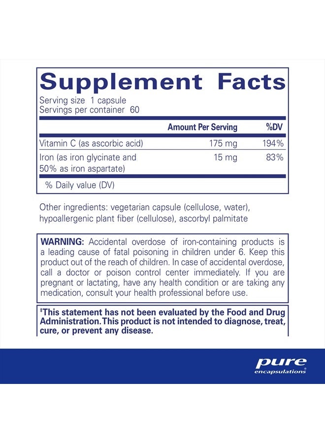 Pure Encapsulations حديد-سي - 15 ملغ حديد - 175 ملغ فيتامين سي - دعم خلايا الدم الحمراء* - إنتاج الطاقة - حبوب حديد عالية التوافر البيولوجي - خالية من الغلوتين ونباتية - 60 كبسولة - Image 2