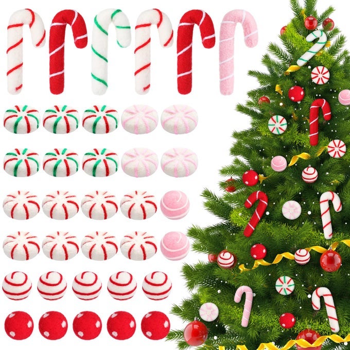 36 Pcs Christmas Felt Candy Canes Ornaments Set Red Green Pink White Candy Canes Peppermint Felt Hanging Ornaments for Xmas Tree Decor Crafts DIY Party FavorsClassic Colors