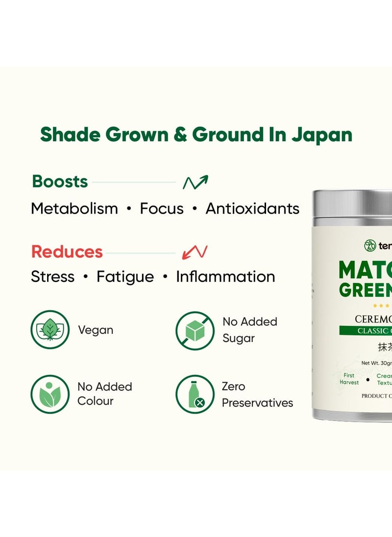 Tencha - ceremonial matcha tea 100 percent pure super premium grade japanese matcha green tea powder free spoon vegan tested for radiation 30gms - Image 1