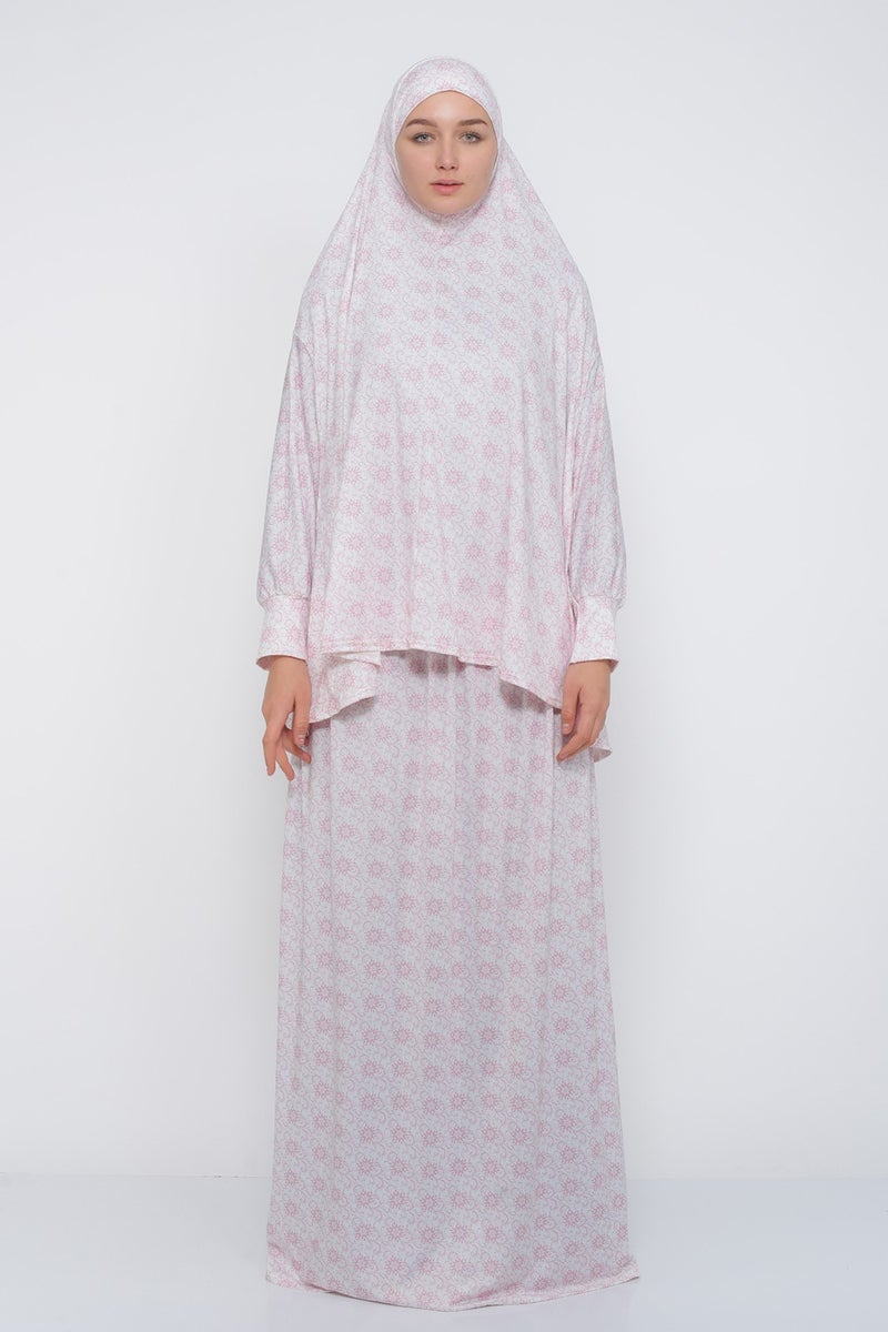 Altobeh Practical Two Piece Patterned Bat Sleeve Lycra Hijab Prayer Dress with Headscarf 992 0304  - Image 1