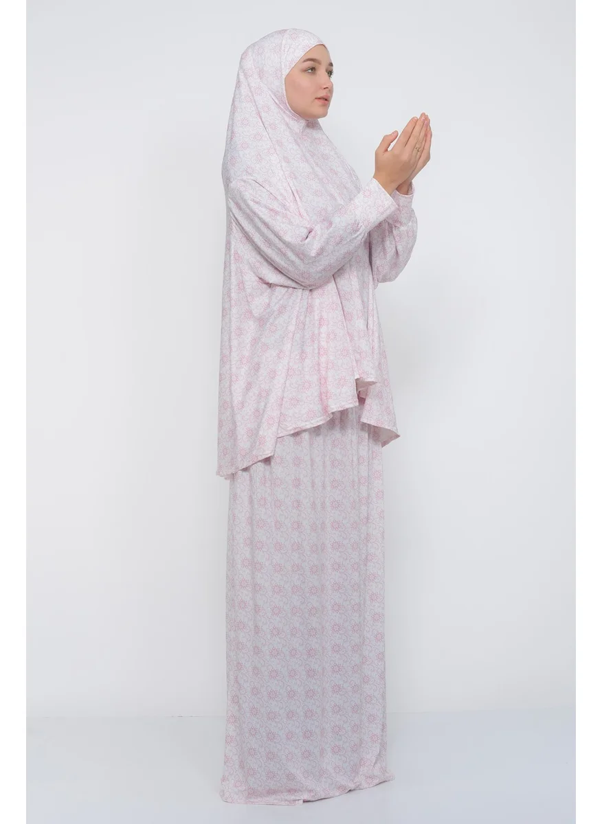 Altobeh Practical Two Piece Patterned Bat Sleeve Lycra Hijab Prayer Dress with Headscarf 992 0304