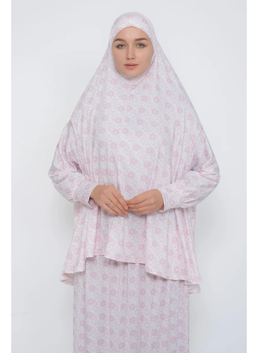 Altobeh Practical Two Piece Patterned Bat Sleeve Lycra Hijab Prayer Dress with Headscarf 992 0304