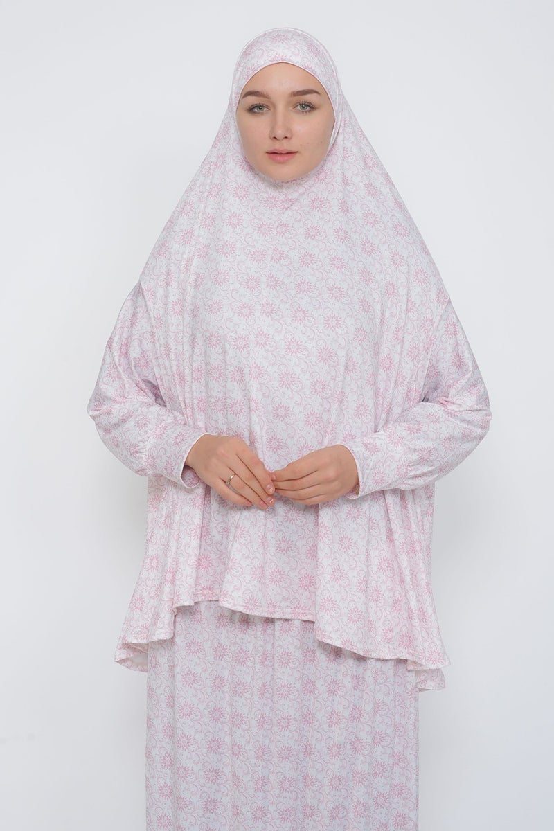 Altobeh Practical Two Piece Patterned Bat Sleeve Lycra Hijab Prayer Dress with Headscarf 992 0304  - Image 4