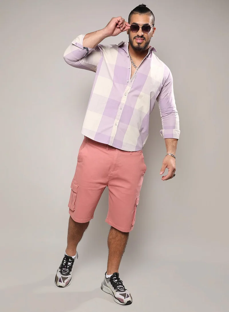 Instafab Plus Instafab Plus Men's White & Lilac Buffalo Check Button Up Plus-Size Fit Shirt For Casual Wear | Cotton Spread Collar Shirt Crafted With Regular Sleeve & Comfort Fit For Everyday Wear