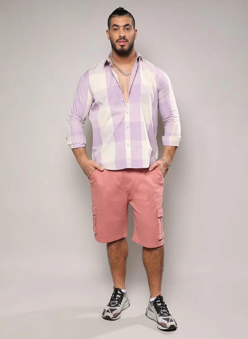 Instafab Plus Instafab Plus Men's White & Lilac Buffalo Check Button Up Plus-Size Fit Shirt For Casual Wear | Cotton Spread Collar Shirt Crafted With Regular Sleeve & Comfort Fit For Everyday Wear