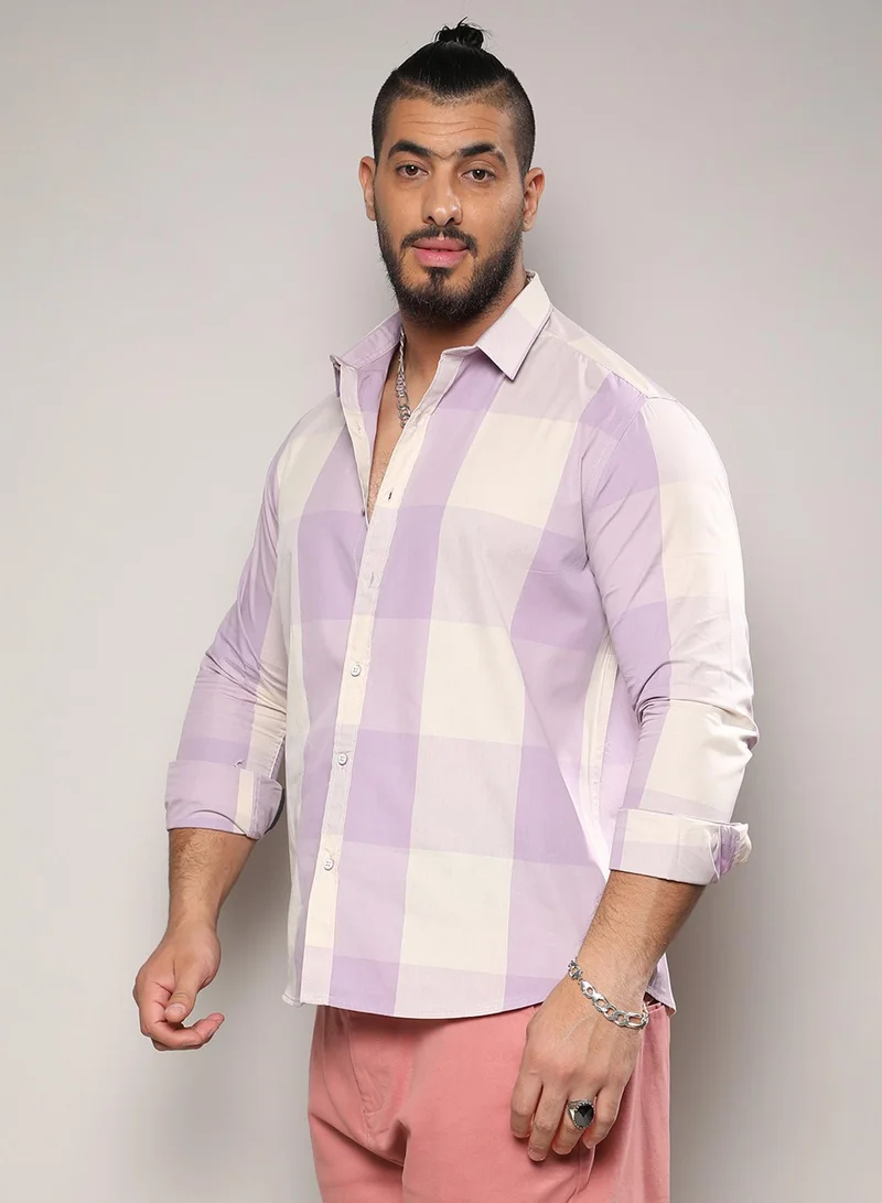 Instafab Plus Instafab Plus Men's White & Lilac Buffalo Check Button Up Plus-Size Fit Shirt For Casual Wear | Cotton Spread Collar Shirt Crafted With Regular Sleeve & Comfort Fit For Everyday Wear